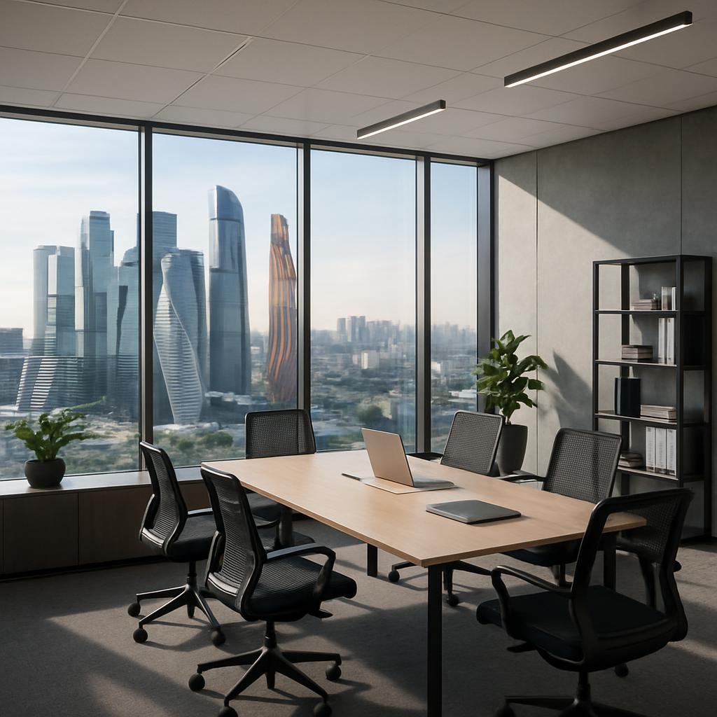 Modern corporate office interior with city view